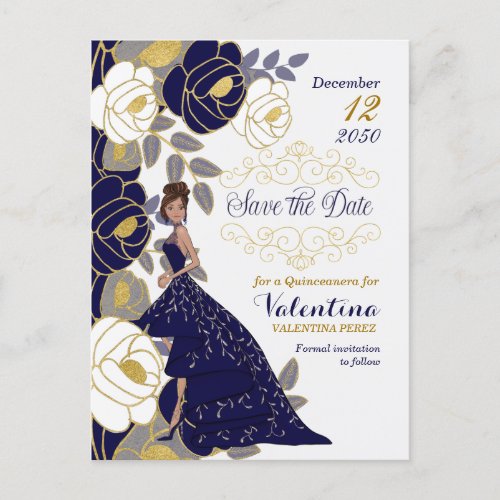 Navy Blue Floral Quincanera Save the Date Announcement Postcard