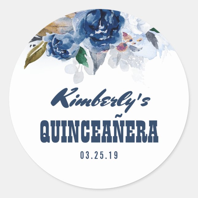 Navy Blue Floral Quinceañera 15th Birthday Classic Round Sticker (Front)