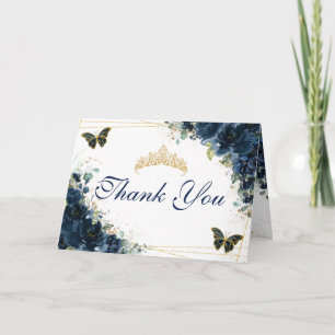 Navy Blue Floral Quinceañera Birthday Butterflies Letterpress Thank You Card
