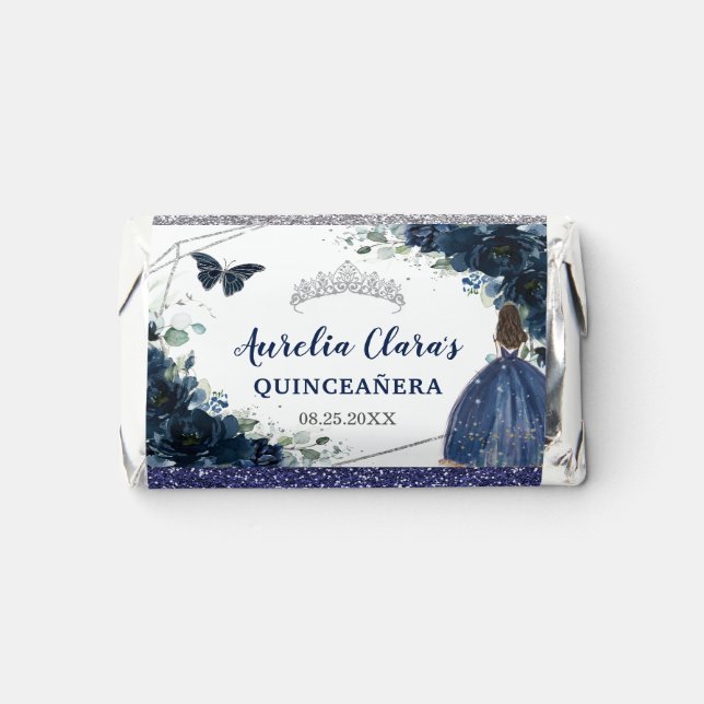 Navy Blue Floral Quinceañera Butterflies Princess  Hershey's Miniatures (Front)