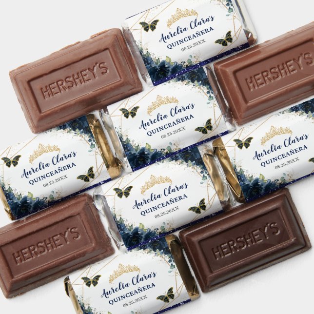 Navy Blue Floral Quinceañera Gold Butterflies Hershey's Miniatures (Assorted)