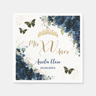 Navy Blue Floral Quinceanera Gold Butterflies Napkins