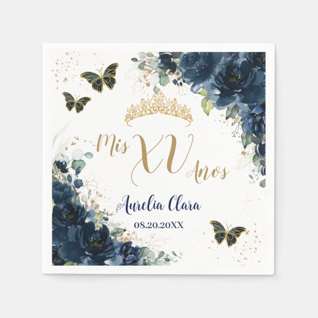 Navy Blue Floral Quinceanera Gold Butterflies Napkins (Front)