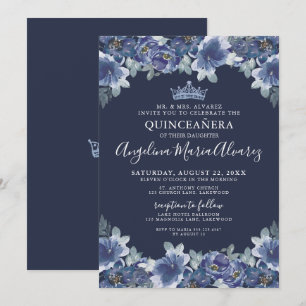 Navy Blue Floral Quinceanera Invitation