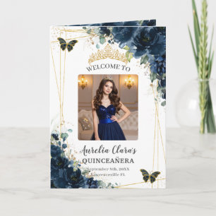 Navy Blue Floral Quinceañera Order of Events Photo Program