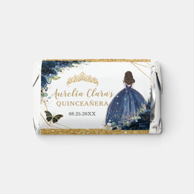 Navy Blue Floral Quinceañera Princess Butterflies Hershey's Miniatures (Front)