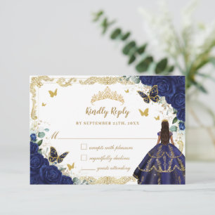 Navy Blue Floral Quinceañera Princess Crown Gold RSVP Card