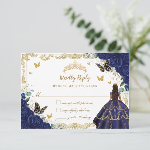 Navy Blue Floral Quinceaera Princess Crown Gold  RSVP Card