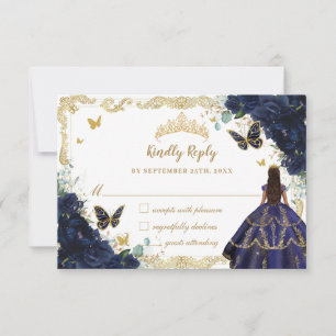 Navy Blue Floral Quinceañera Princess Dress Gold RSVP Card