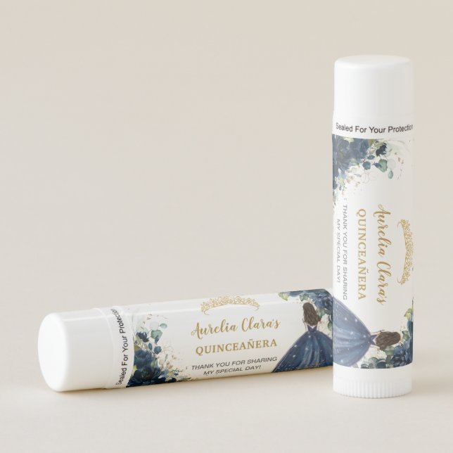 Navy Blue Floral Quinceanera Princess Favor Lip Balm (Front)