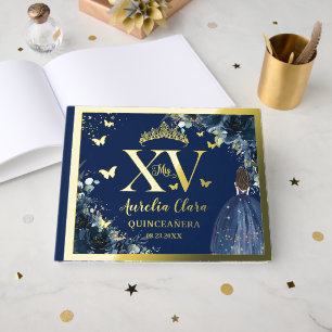 Navy Blue Floral Quinceañera Quince XV 15 Gold Foil Guest Book