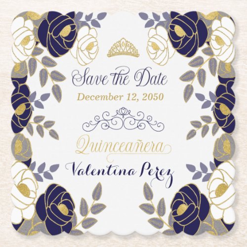 Navy Blue Floral Quinceanera Save the Date Paper Coaster