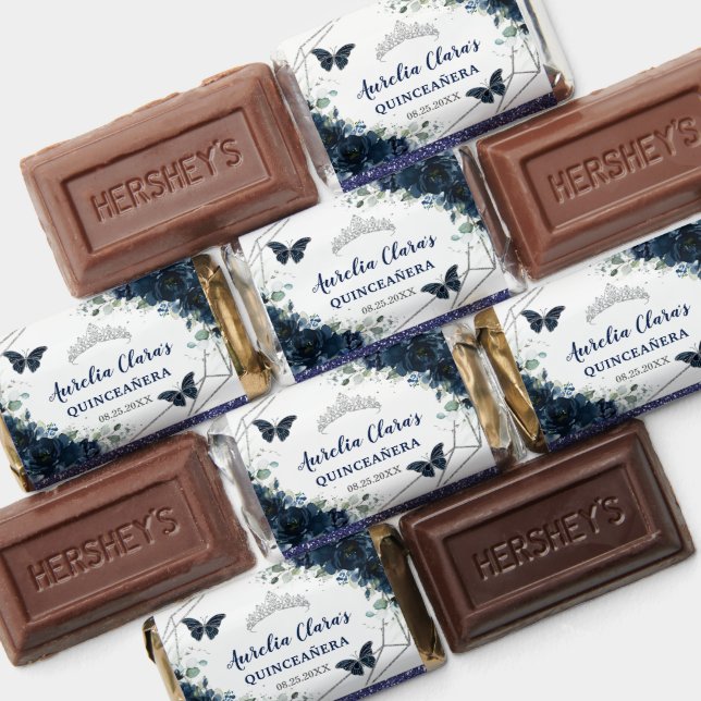 Navy Blue Floral Quinceañera Silver Butterflies Hershey's Miniatures (Assorted)