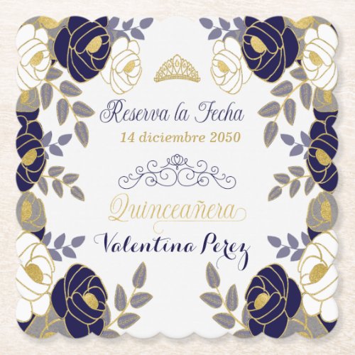 Navy Blue Floral Quinceanera Spanish Save the Date Paper Coaster