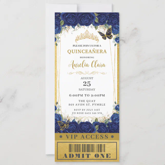 Navy Blue Floral Quinceañera Sweet 16 Vip Ticket Invitation 