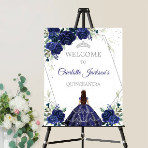 Navy Blue Floral Quinceanera Welcome Sign