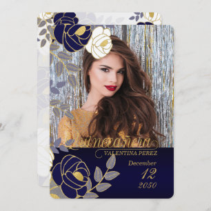 Navy Blue Floral Quinceanera with Photo Invitation