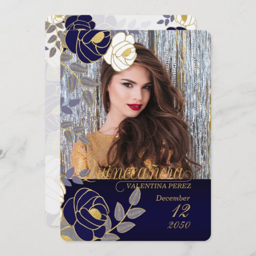 Navy Blue Floral Quinceanera with Photo Invitation