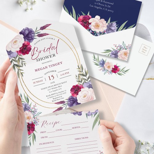 Navy Blue Floral Recipe Bridal Shower Invitation