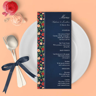 Navy Blue Floral Red & Burnt Orange Roses Wedding  Menu