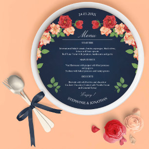Navy Blue Floral Red Rose Round Wedding Menu Card