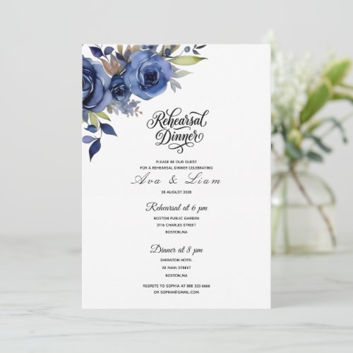Navy blue Floral Rehearsal Dinner Invite
