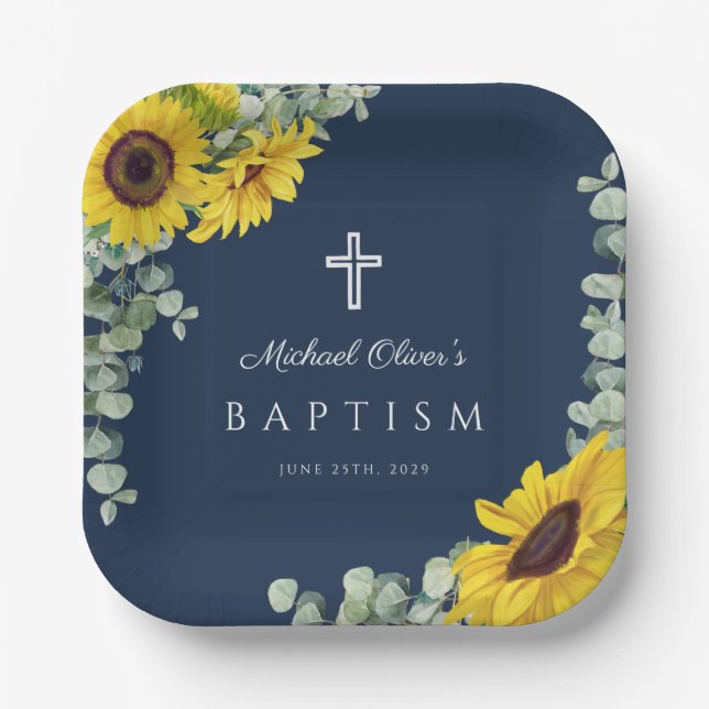 Navy Blue Floral Religious Cross Baptism Paper Plates (Front)