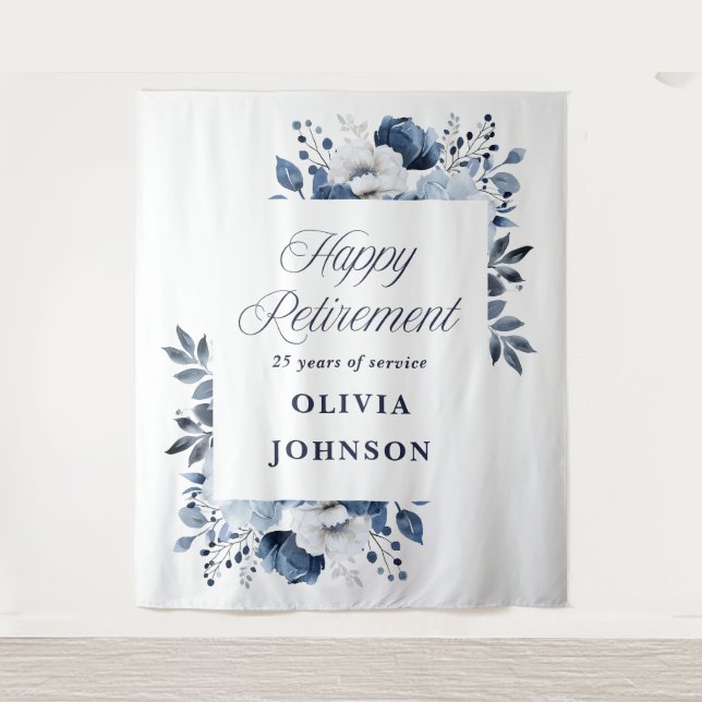 Navy Blue Floral Retirement Party Photo Backdrop (Front)