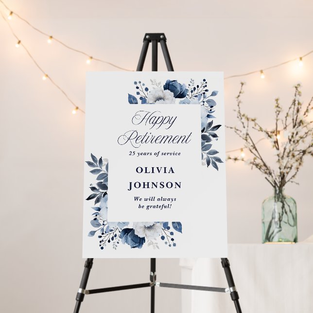 Navy Blue Floral Retirement Party Welcome Sign (In Situ (Stand))