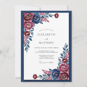 Navy Blue Floral Romance Wedding Invitation