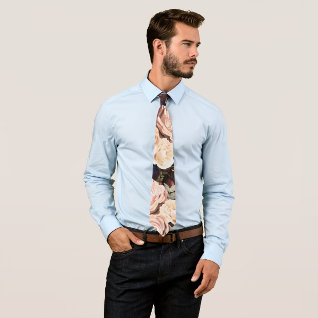 Navy Blue & Floral Roses Bold Flowers Neck Tie (In Situ)