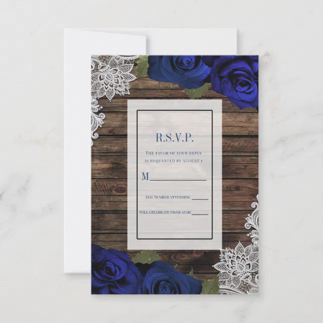 Navy Blue Floral Roses Rustic Wood Lace RSVP Invitation | Zazzle