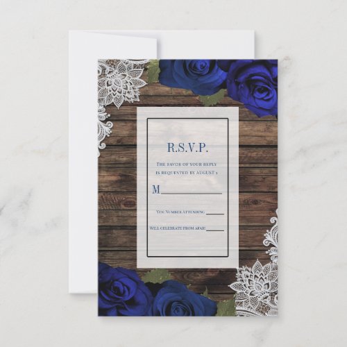 Navy Blue Floral Roses Rustic Wood Lace RSVP  Invitation