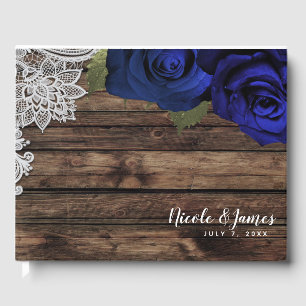 Navy Blue Floral Roses Rustic Wood Lace Wedding  Guest Book