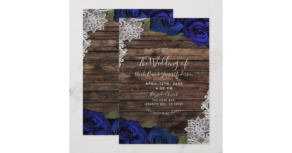 Navy Blue Floral Roses Rustic Wood Lace Wedding Invitation | Zazzle