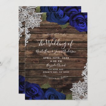 Navy Blue Floral Roses Rustic Wood Lace Wedding Invitation by printabledigidesigns at Zazzle