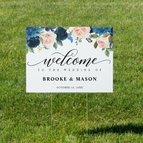 Navy Blue Floral Rustic Boho Wedding Welcome Sign