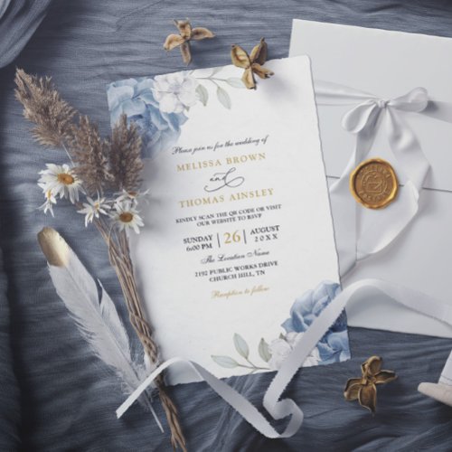 Navy Blue Floral Rustic Budget QR Code Wedding Invitation