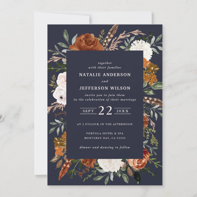 Navy blue floral rustic elegant modern invitation (Front)