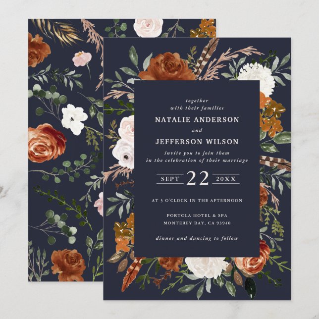 Navy blue floral rustic elegant modern invitation (Front/Back)
