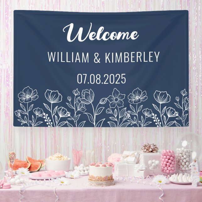 Navy Blue Floral Rustic Simple Modern Wedding Banner (Party)