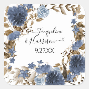 Navy Blue Floral Rustic Watercolor Foliage Wedding Square Sticker