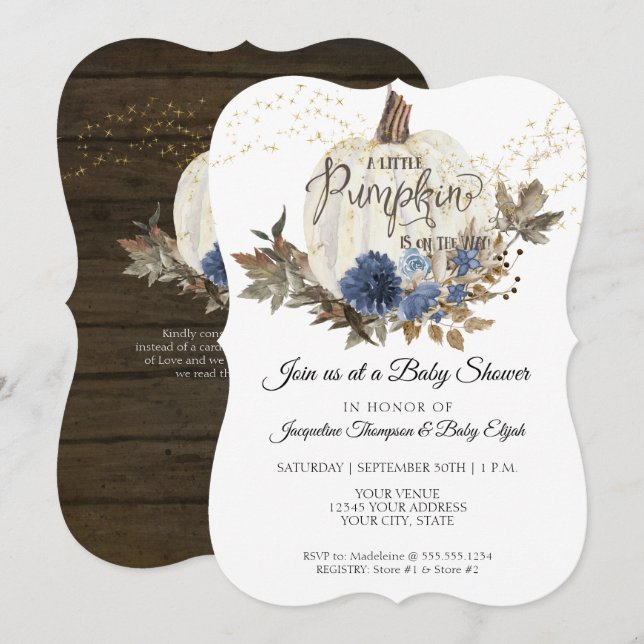 Navy Blue Floral Rustic White Pumpkin Baby Shower Invitation (Front/Back)