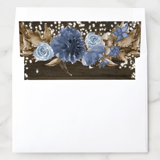 Navy Blue Floral Rustic Wood Twinkle Light Wedding Envelope Liner (In Envelope)