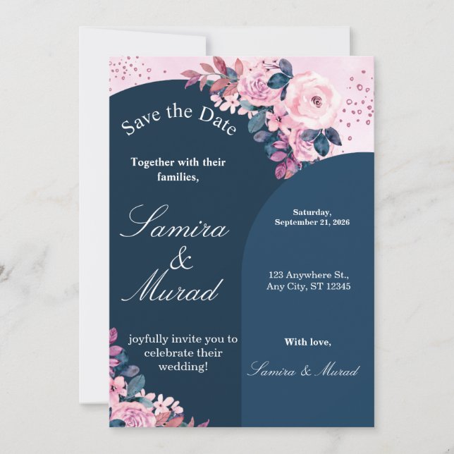 Navy Blue Floral Save the Date Wedding Invitation (Front)
