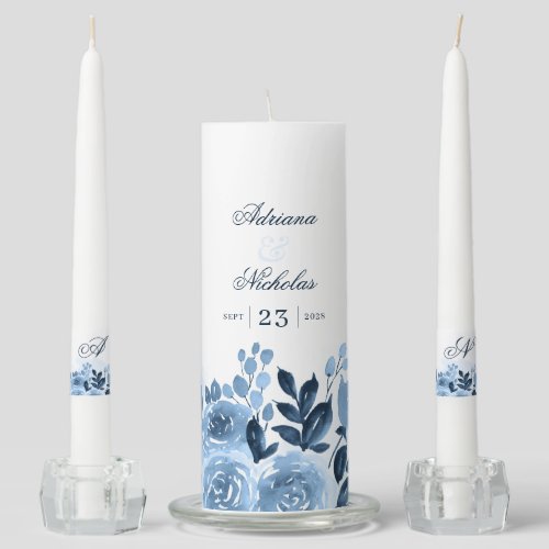 Navy Blue Floral Script Watercolor Blush Wedding Unity Candle Set