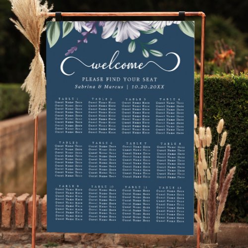 Navy Blue Floral Script Wedding Seating Chart