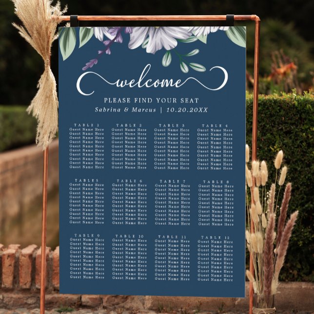 Navy Blue Floral Script Wedding Seating Chart (Creator Uploaded)