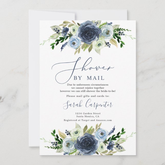 Navy blue floral shower by mail Bridal Shower Invitation (Front)