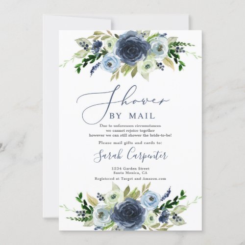 Navy blue floral shower by mail Bridal Shower Invitation
